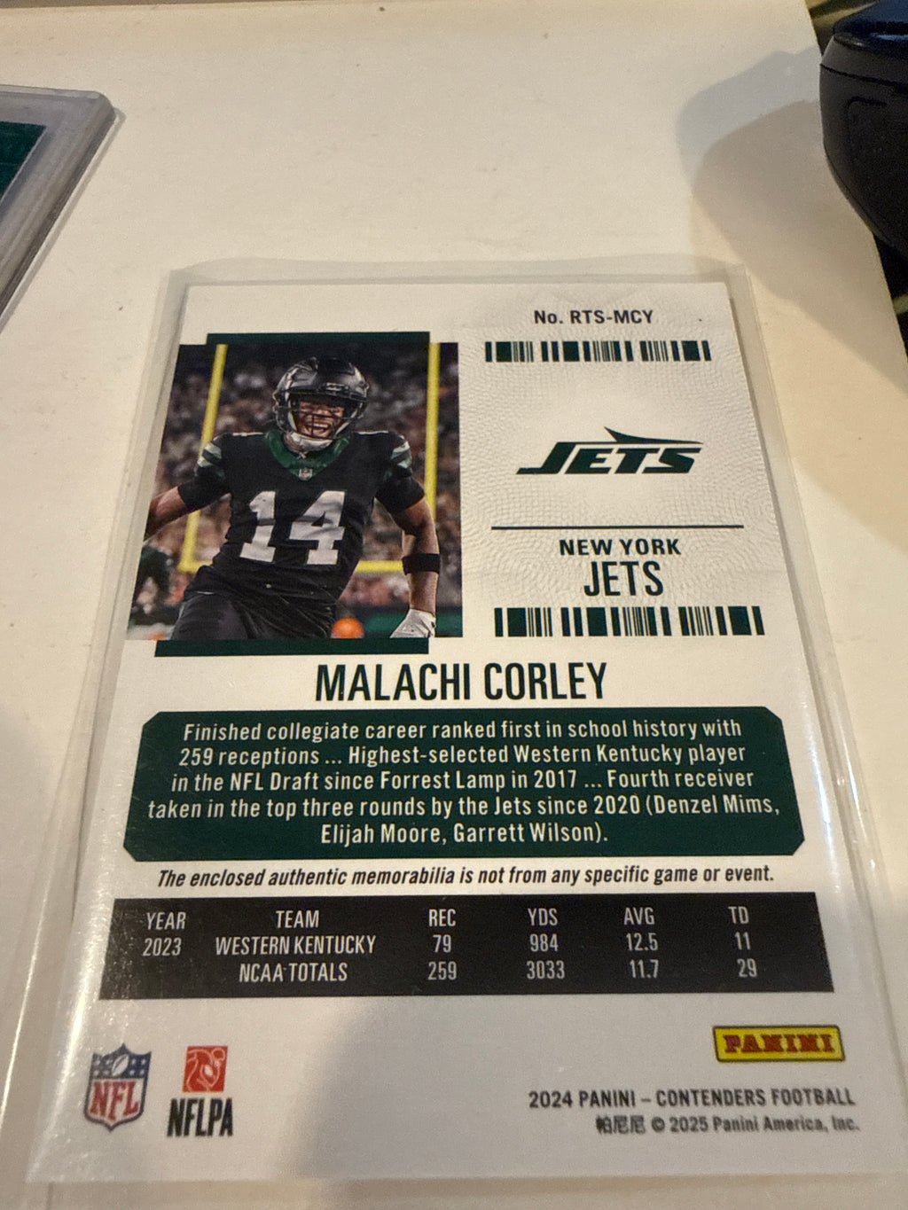 2024 Malachi Corley Rookie Ticket Stub Patch card #RTS-MCY - NY Jets