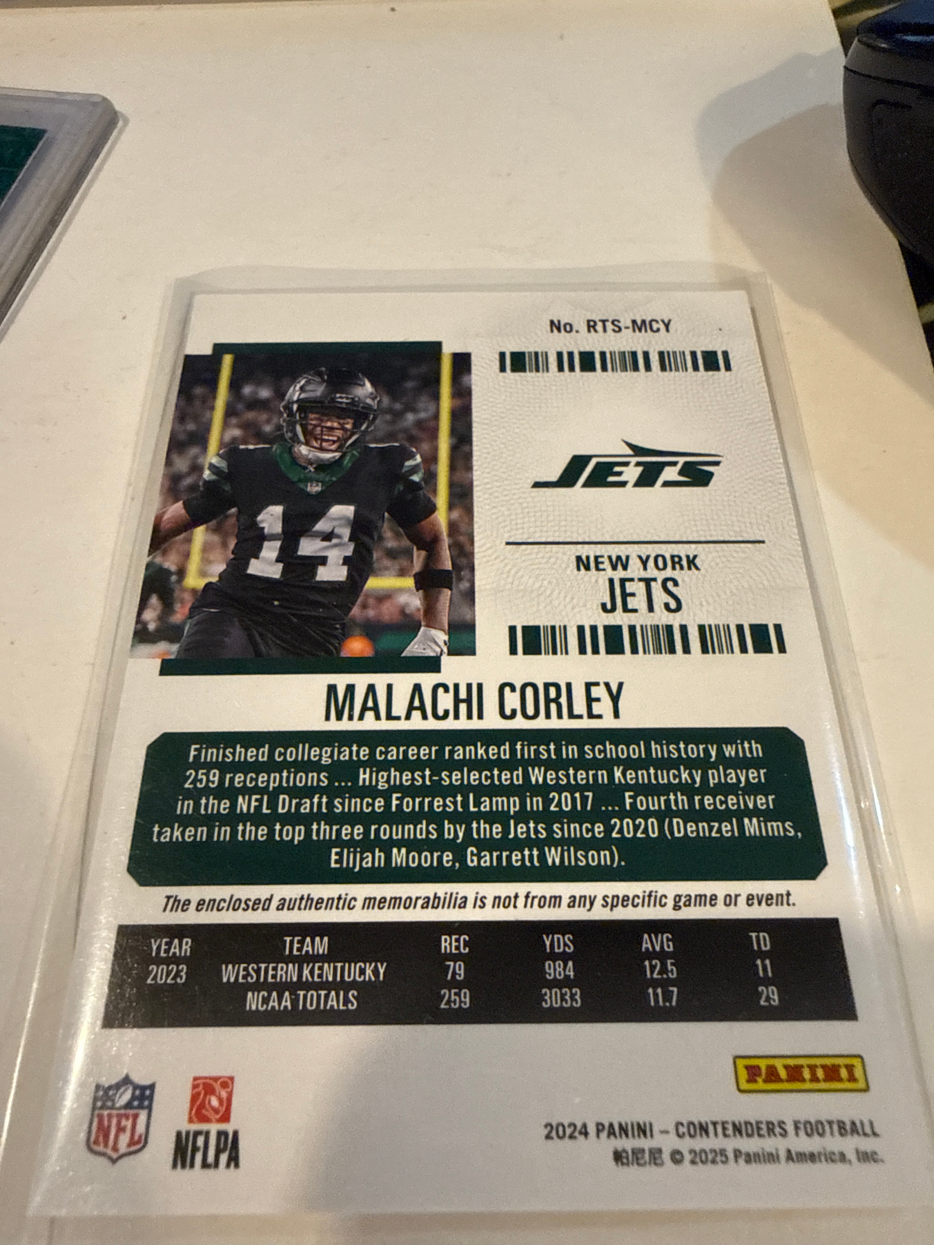 2024 Malachi Corley Rookie Ticket Stub Patch card #RTS-MCY - NY Jets
