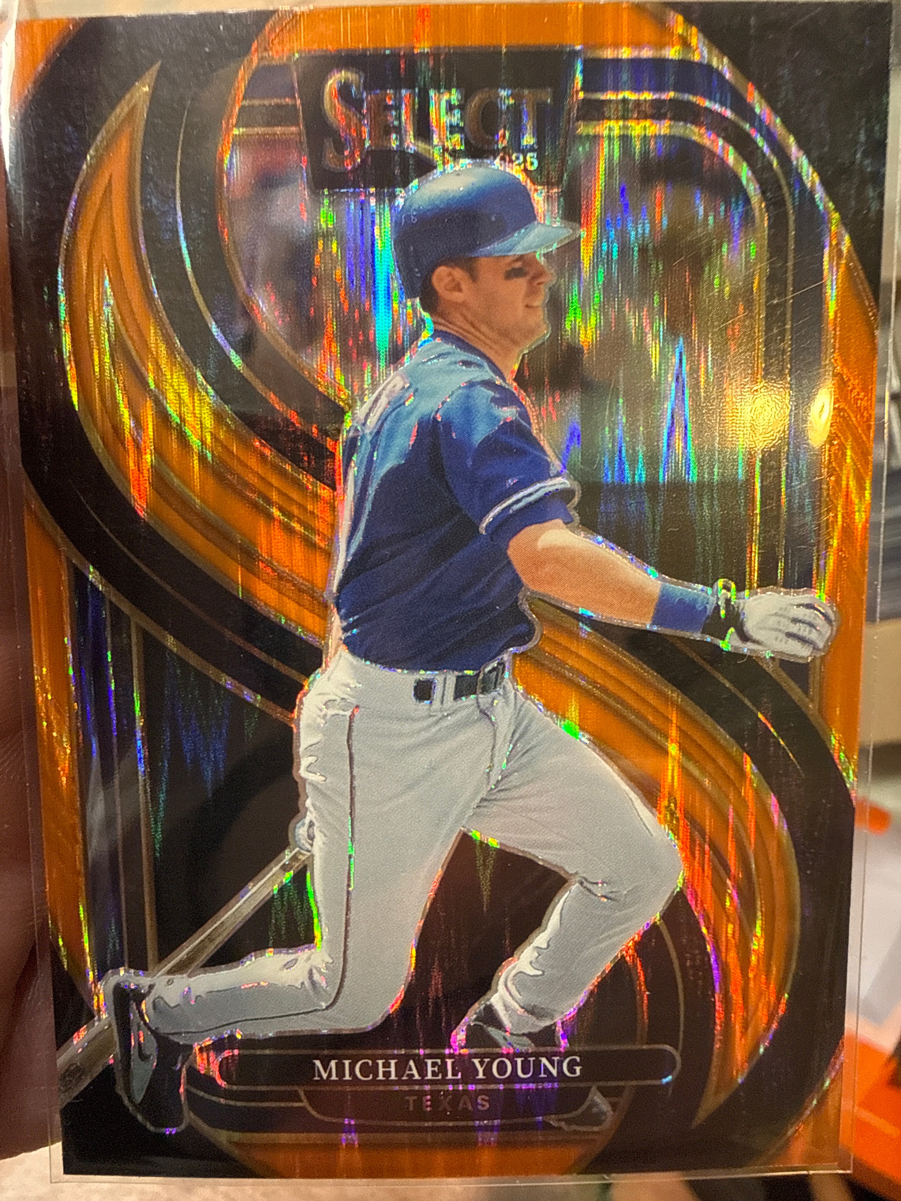 2025 Michael Young #136 Premier Level Orange Flash Prizm Parallel