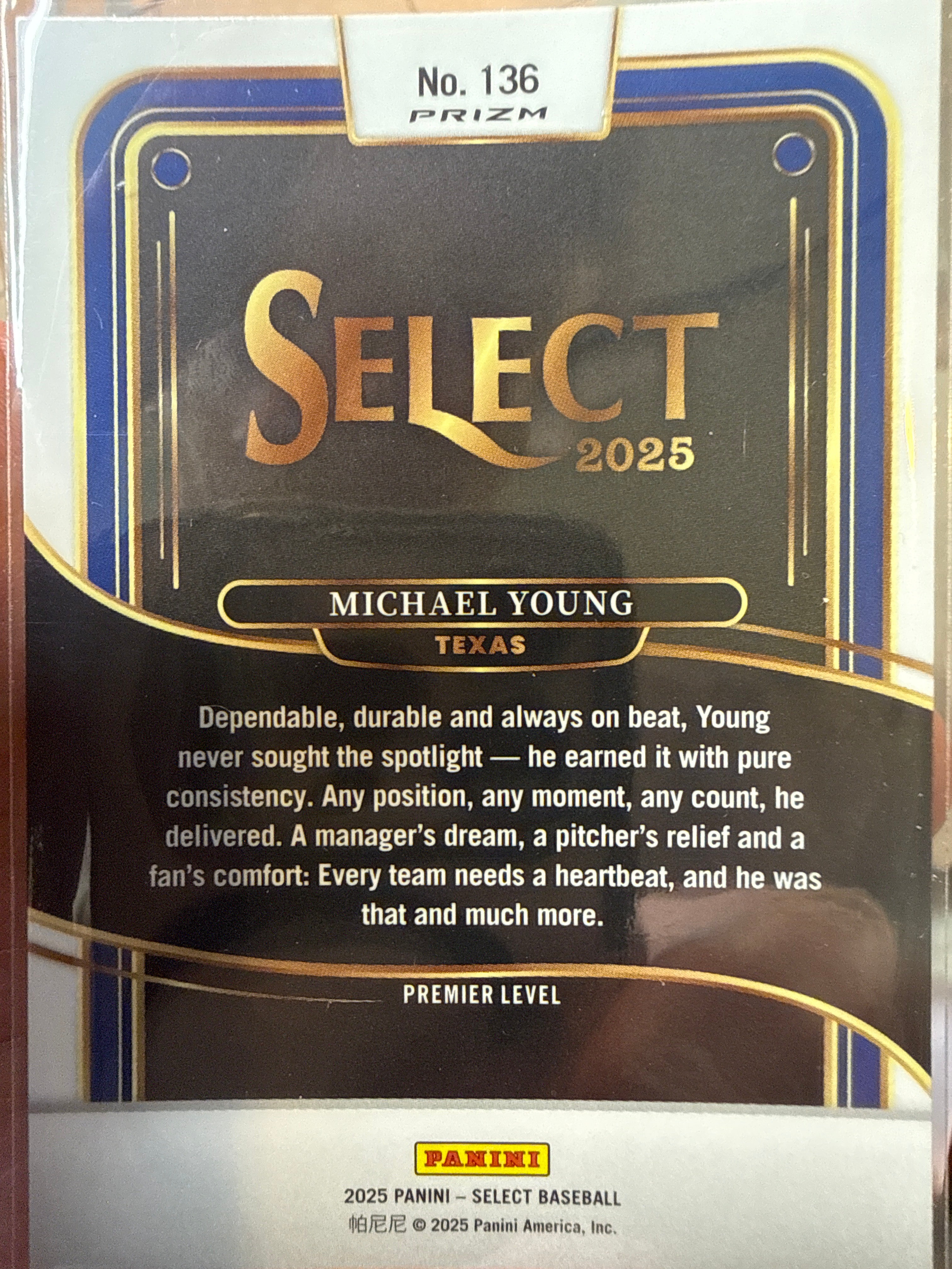 2025 Michael Young #136 Premier Level Orange Flash Prizm Parallel