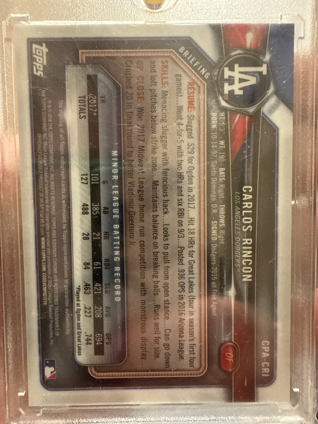 2018 Bowman Carlos Rincon 1st Bowman Autograph #CPA-CRI - Dodgers