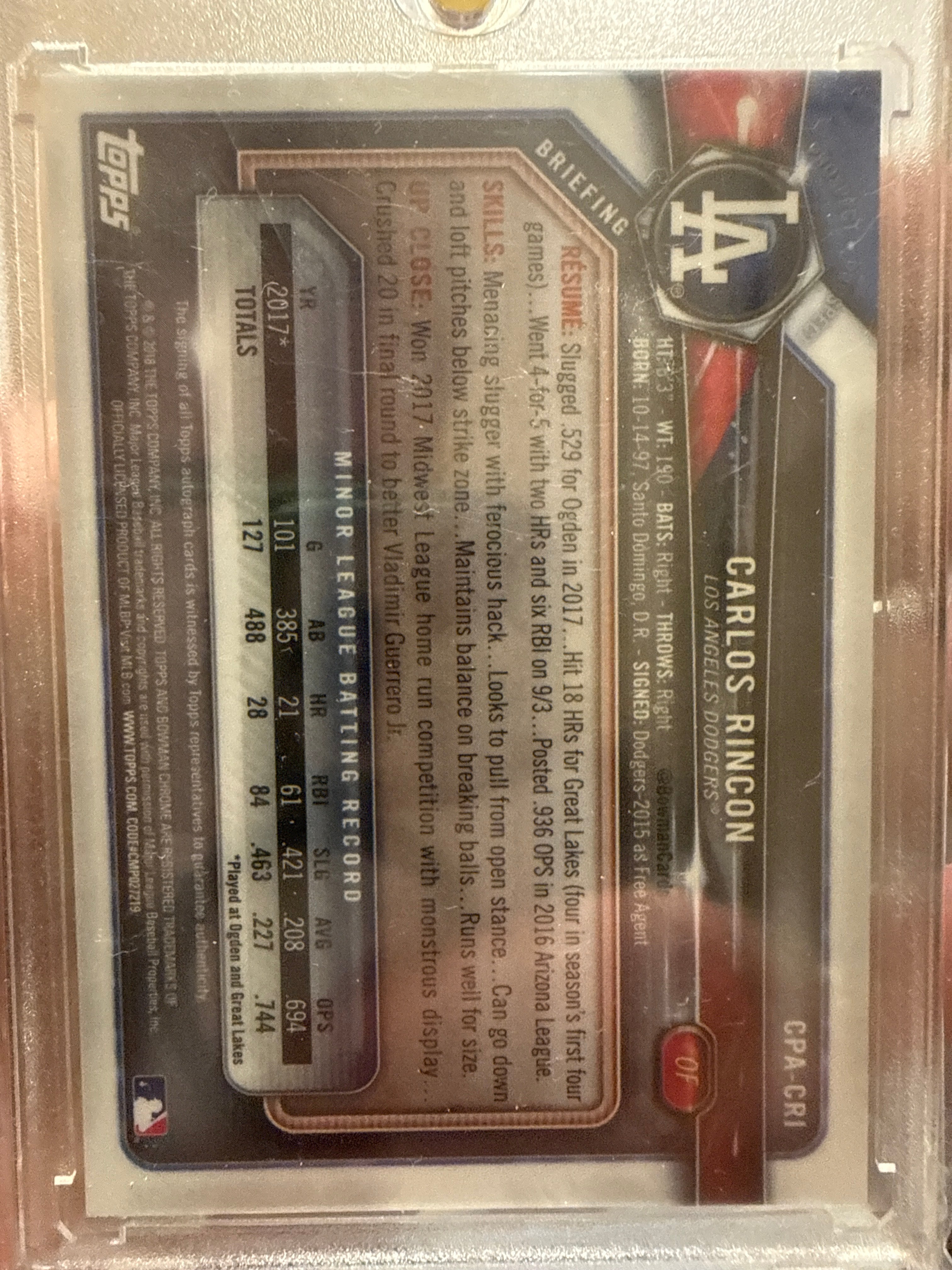 2018 Bowman Carlos Rincon 1st Bowman Autograph #CPA-CRI - Dodgers