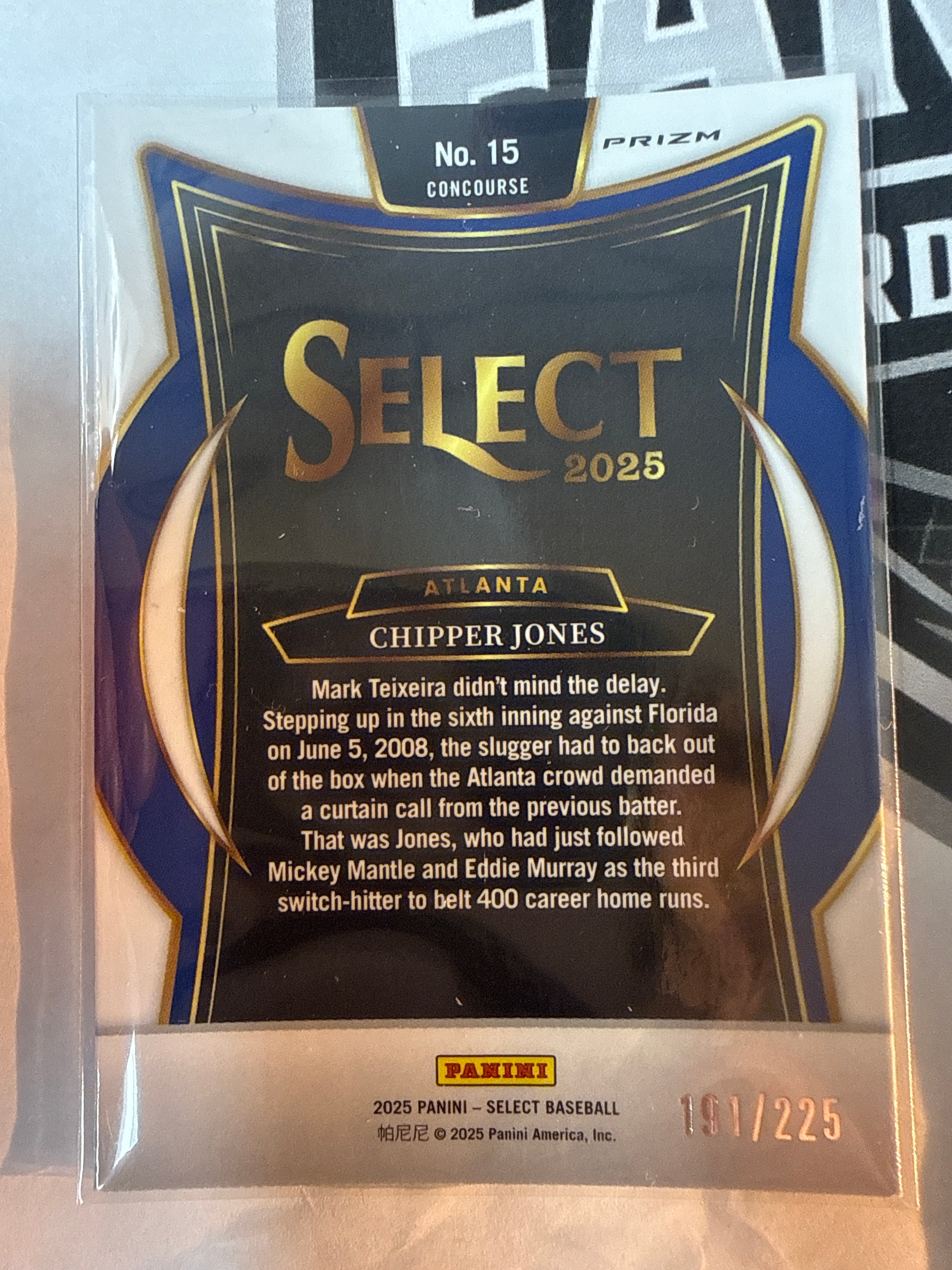 2025 Panini Select Chipper Jones #15 Pink Purple /225