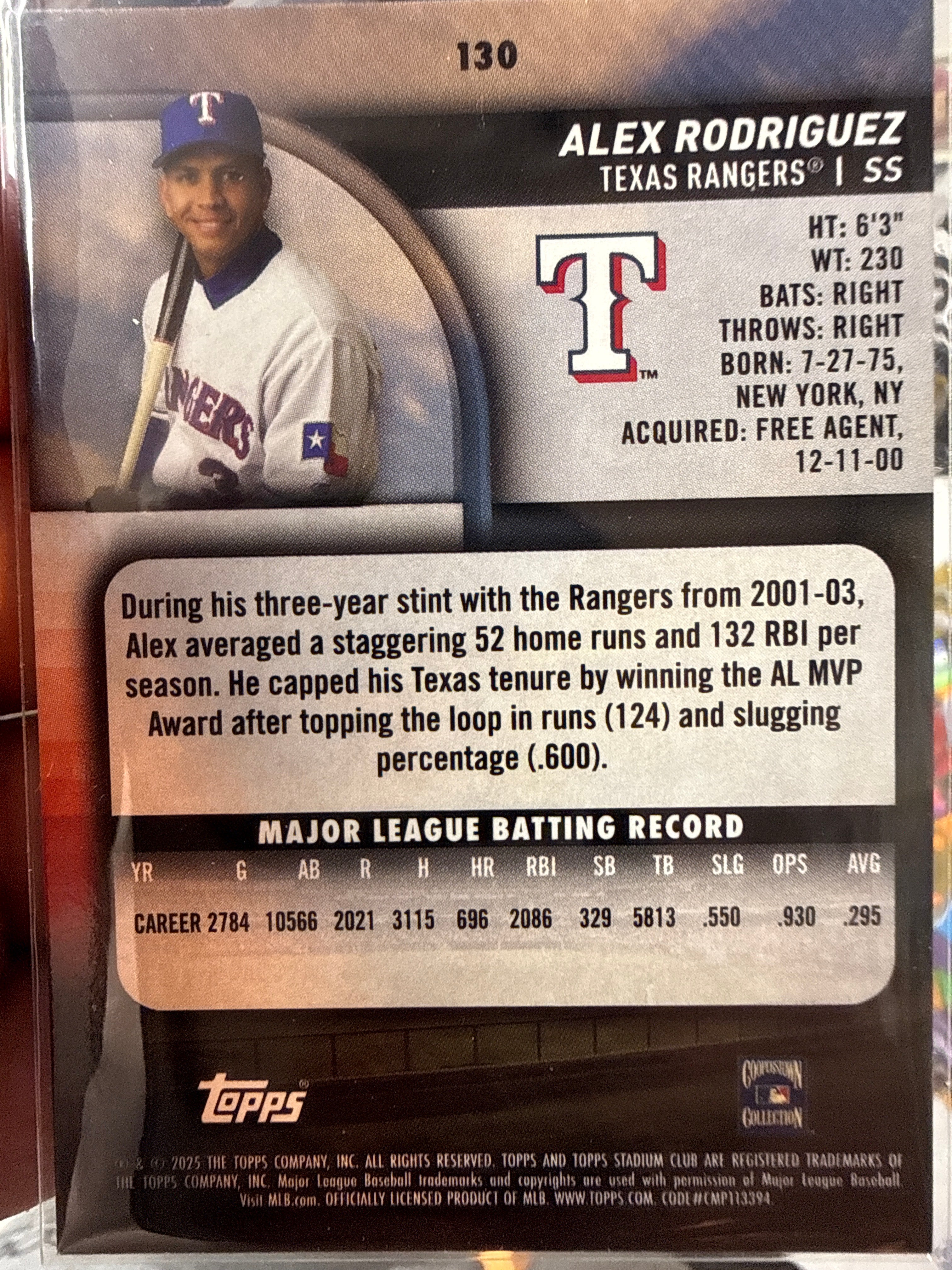 Alex Rodriguez 2025 Topps Stadium Club Card #130 - Texas Rangers